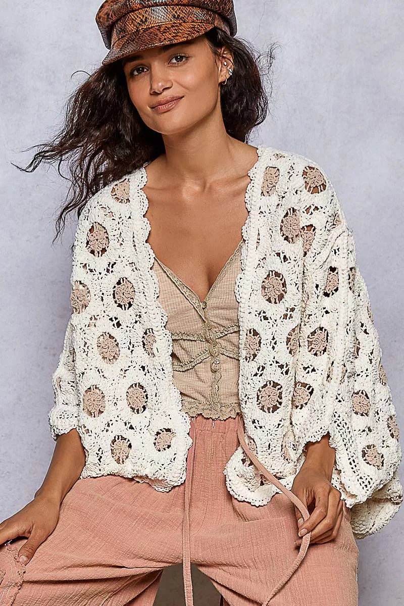 POL Openwork V - Neck Chenille Cardigan with Contrast Floral - Jennie Dots