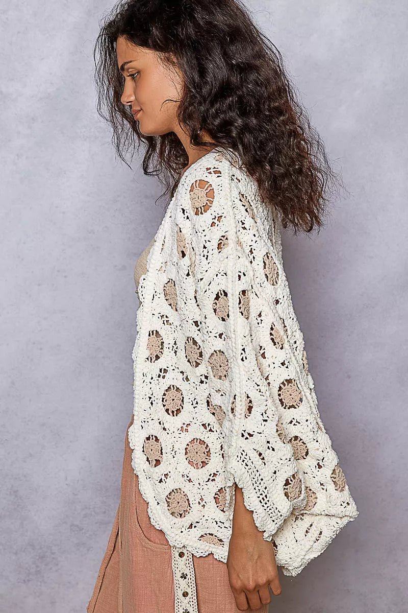 POL Openwork V - Neck Chenille Cardigan with Contrast Floral - Jennie Dots