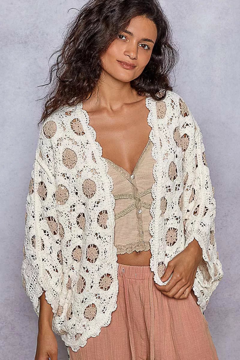 POL Openwork V - Neck Chenille Cardigan with Contrast Floral - Jennie Dots