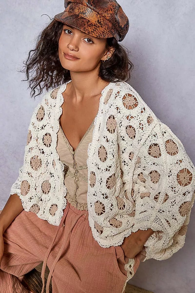 POL Openwork V - Neck Chenille Cardigan with Contrast Floral - Jennie Dots