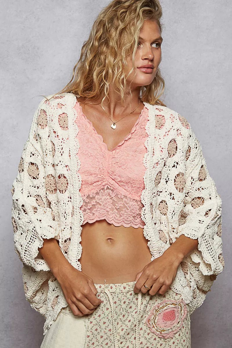 POL Openwork V - Neck Chenille Cardigan with Contrast Floral - Jennie Dots