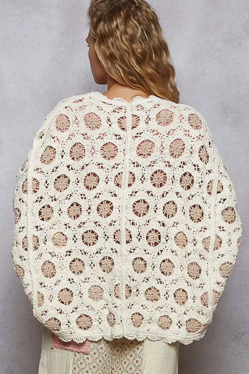 POL Openwork V - Neck Chenille Cardigan with Contrast Floral - Jennie Dots
