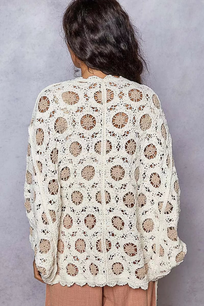 POL Openwork V - Neck Chenille Cardigan with Contrast Floral - Jennie Dots