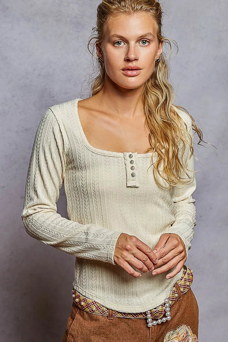 POL Square Neck Cropped Knit Top with Curved Hem - Jennie Dots