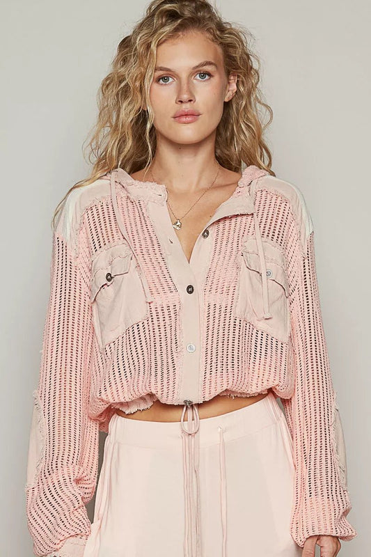 POL Texture Woven Button Down Hooded Shirt with Drawstring Hem - Jennie Dots