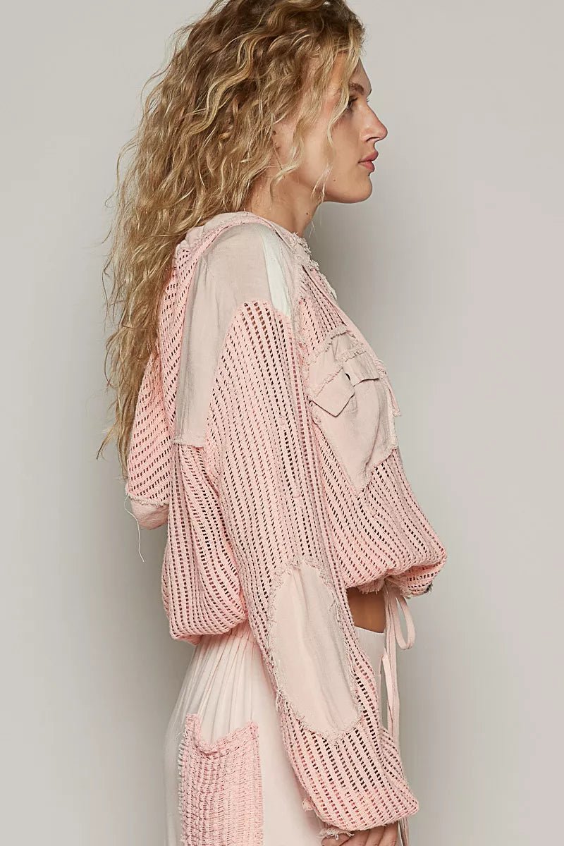 POL Texture Woven Button Down Hooded Shirt with Drawstring Hem - Jennie Dots