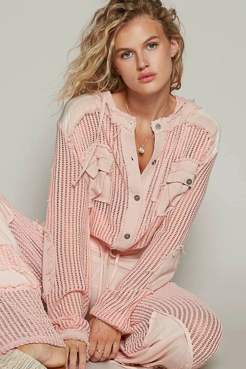 POL Texture Woven Button Down Hooded Shirt with Drawstring Hem - Jennie Dots