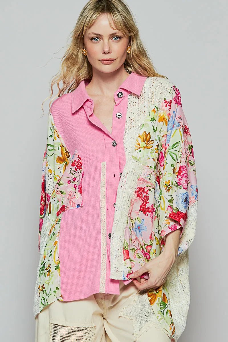 POL Thermal and Crochet Lace Mix Shirt with Floral Pattern - Jennie Dots