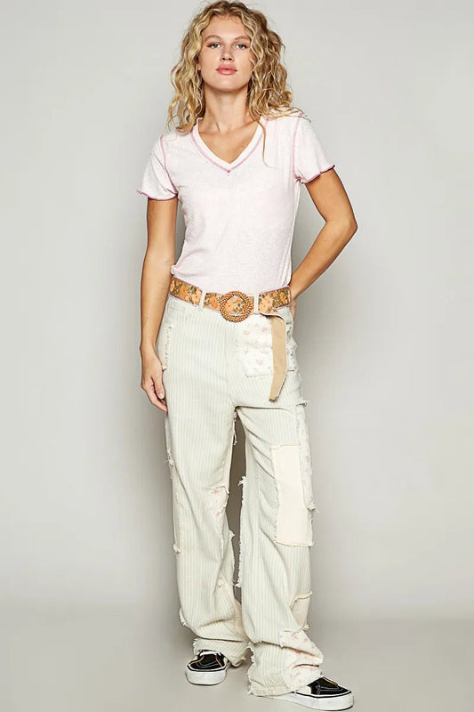 POL V - Neck Short Sleeve Ribbed T-Shirt with Contrast Overlock Stitching - Jennie Dots