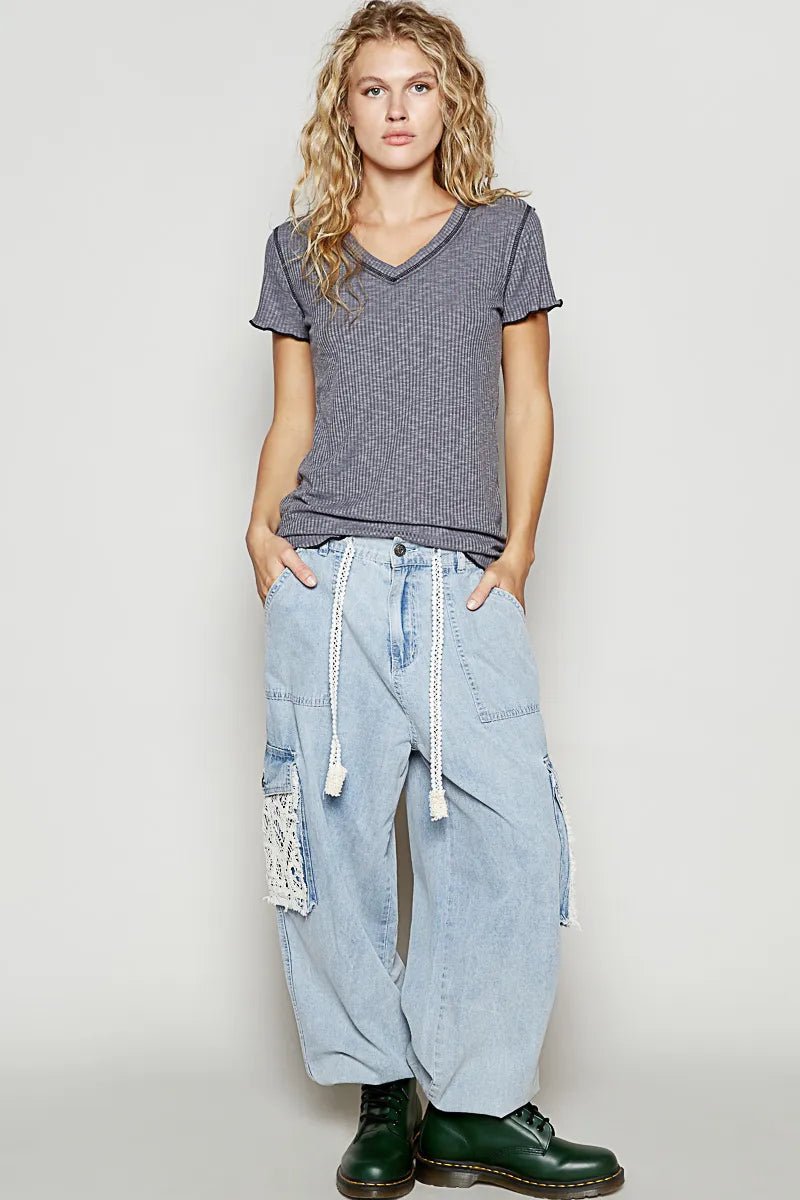 POL V - Neck Short Sleeve Ribbed T-Shirt with Contrast Overlock Stitching - Jennie Dots