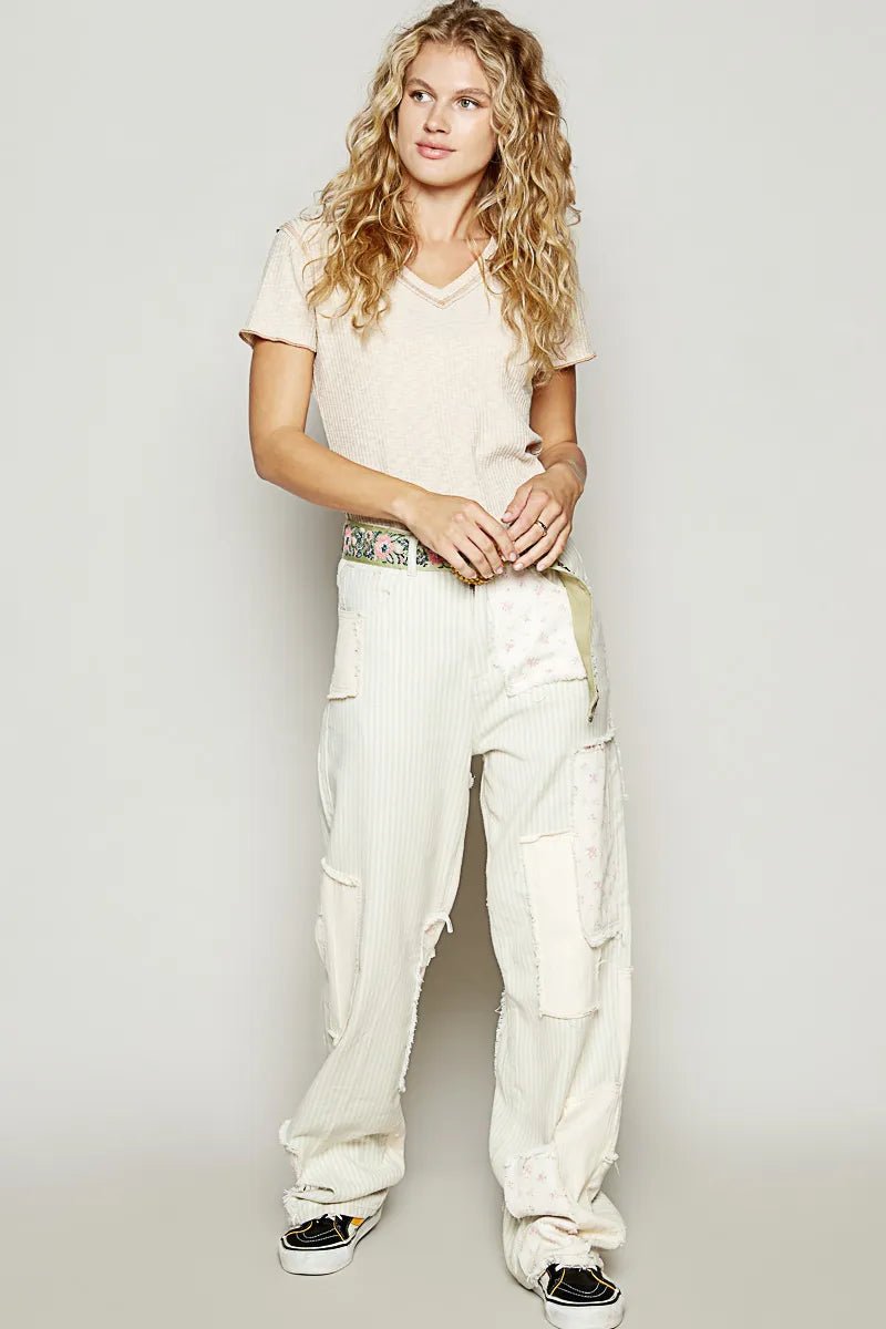 POL V - Neck Short Sleeve Ribbed T-Shirt with Contrast Overlock Stitching - Jennie Dots