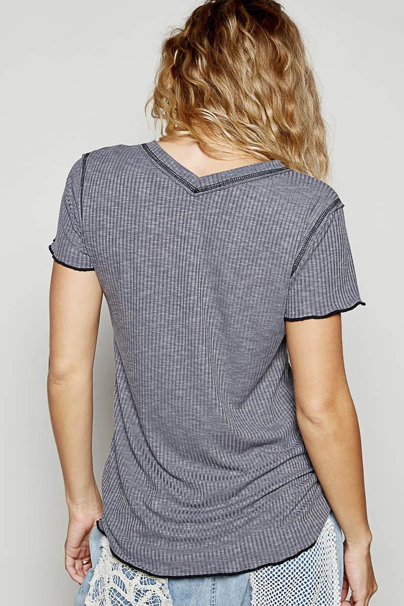 POL V - Neck Short Sleeve Ribbed T-Shirt with Contrast Overlock Stitching - Jennie Dots