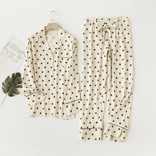 Polka Dot Delight Pajama Set with button-up shirt and drawstring trousers, viscose fabric, stylish leisurewear.