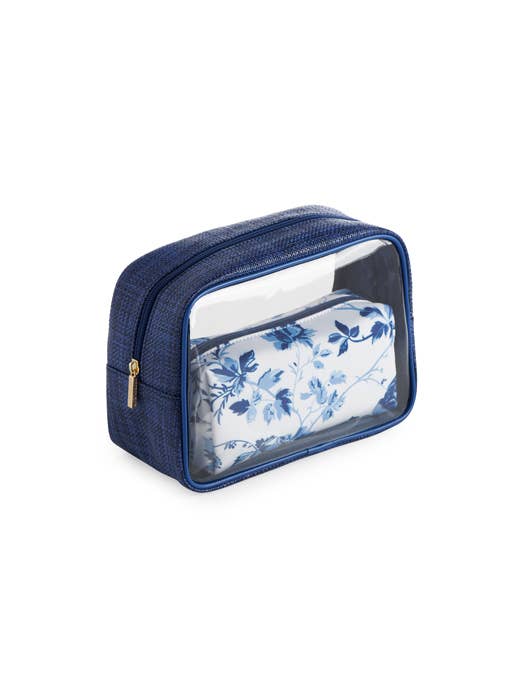 Pretty Blue Floral Set of Two Cosmetic Bags - Jennie Dots