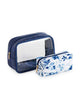 Blue floral cosmetic bags set with a clear case and smaller floral-print pouch, ideal for organization and travel.