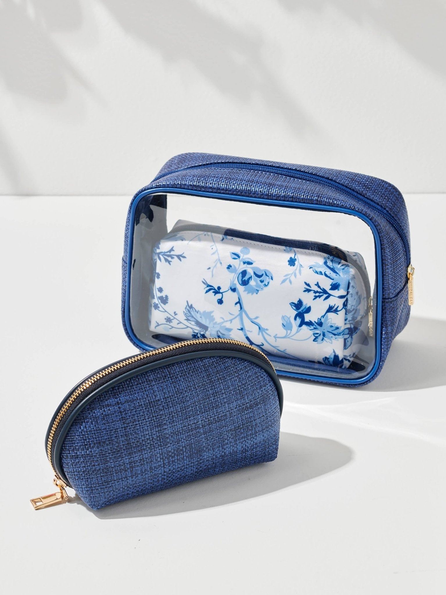 Pretty Blue Floral Set of Two Cosmetic Bags - Jennie Dots