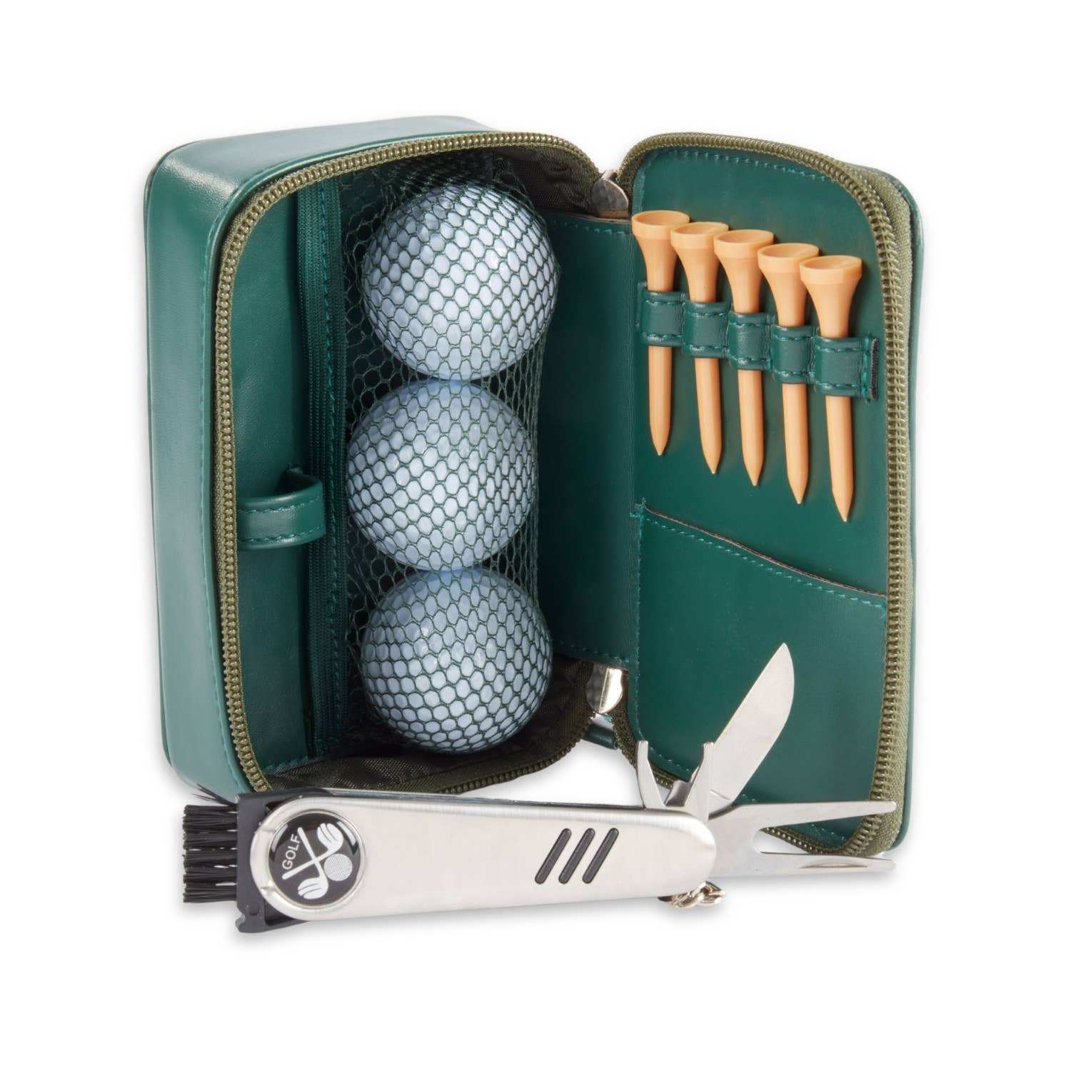 Putter Golf Set in green leather pouch with golf balls, tees, and versatile tool.