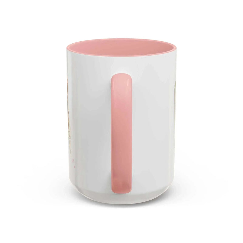 Rebecca Illustrated Doodle mug 15oz with pink handle and interior, made of ceramic, showcasing vibrant colors and glossy finish.