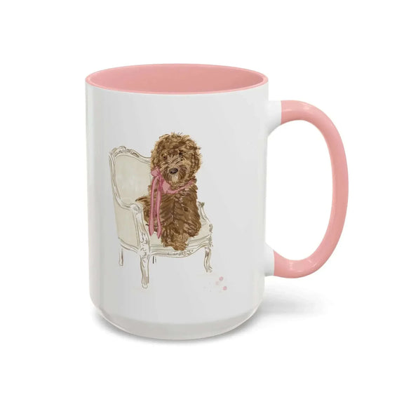 Rebecca Illustrated Doodle Mug 15oz with vibrant design and pink interior, featuring a doodle dog on a chair.