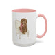 Rebecca Illustrated Doodle Mug 15oz with vibrant design and pink interior, featuring a doodle dog on a chair.