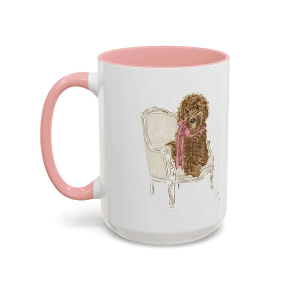 Rebecca Illustrated Doodle Mug 15oz with a cute dog illustration, pink handle, and interior, perfect for coffee or tea.
