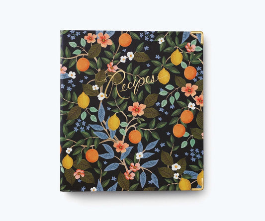 Rifle Paper Co. Citrus Grove recipe binder with illustrated cover and gold foil accents.