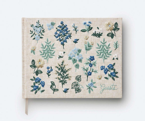 Rifle Paper Co. Wildwood Embroidered Guest Book with floral embroidery and ribbon bookmark.