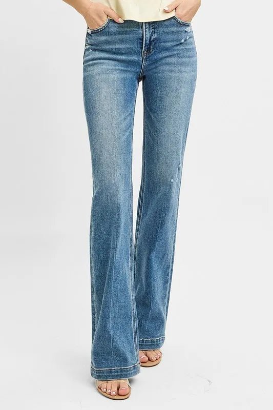 RISEN Full Size Distressed Detail Bootcut Jeans Plus Size - Jennie Dots