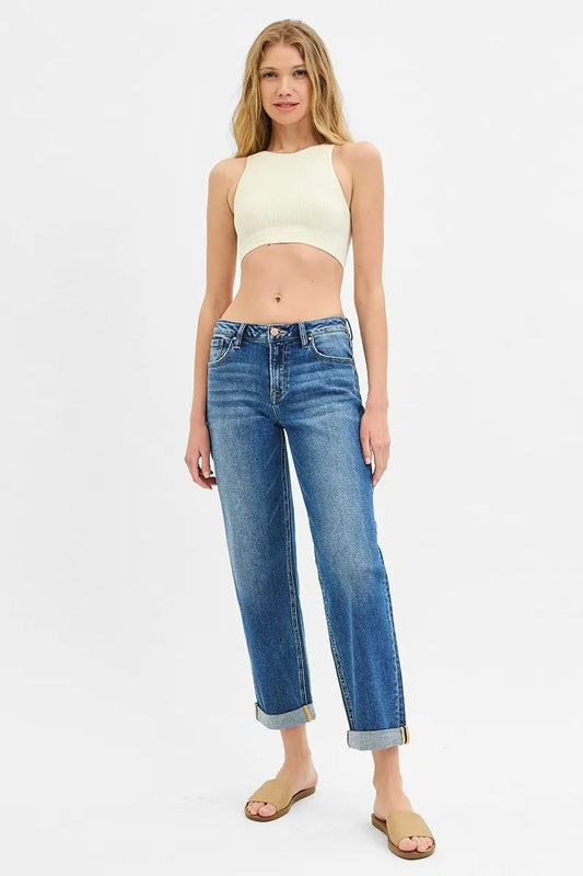 RISEN Full Size Mid Rise Boyfriend Roll Up Jeans - Jennie Dots