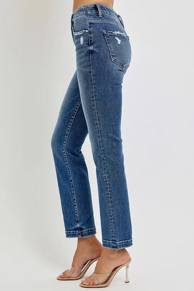 RISEN Full Size Tummy Control Elastic Band Mid Rise Straight Jeans - Jennie Dots