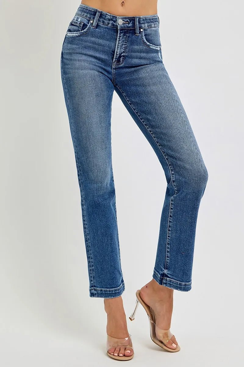 RISEN Full Size Tummy Control Elastic Band Mid Rise Straight Jeans - Jennie Dots