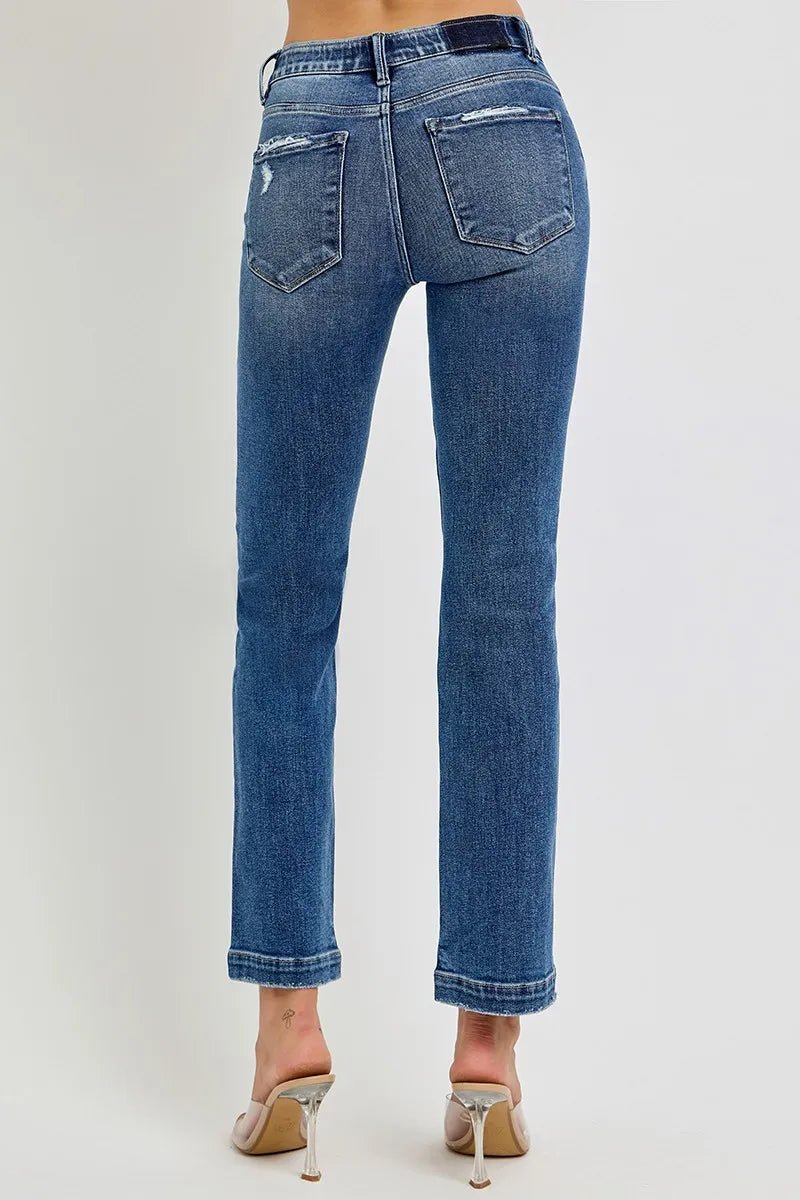 RISEN Full Size Tummy Control Elastic Band Mid Rise Straight Jeans - Jennie Dots