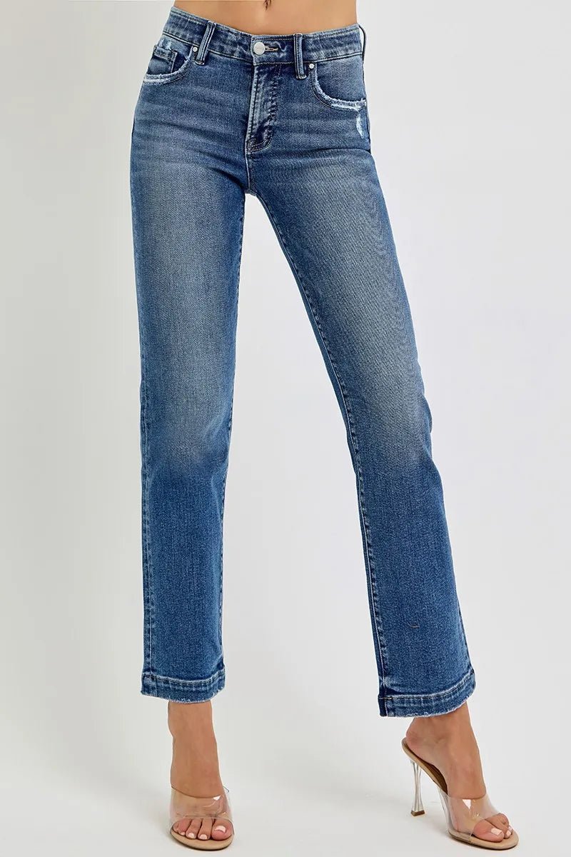 RISEN Full Size Tummy Control Elastic Band Mid Rise Straight Jeans - Jennie Dots