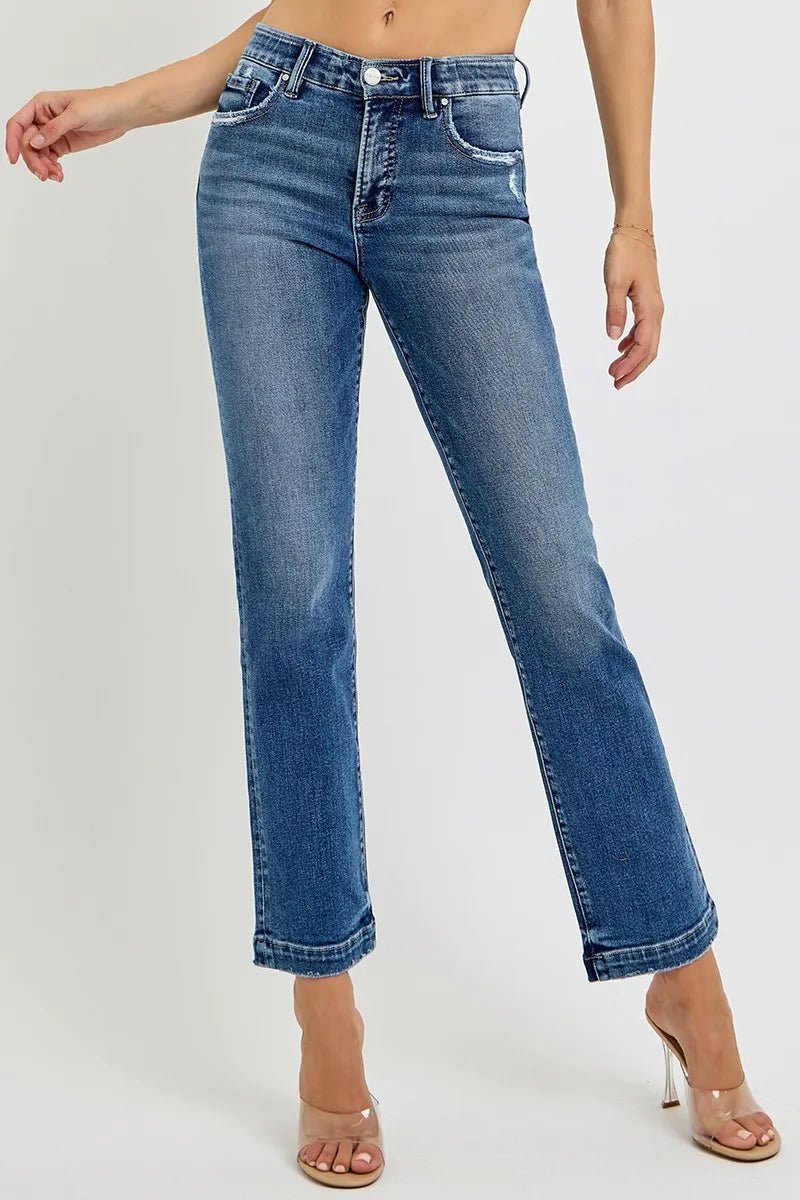 RISEN Full Size Tummy Control Elastic Band Mid Rise Straight Jeans - Jennie Dots