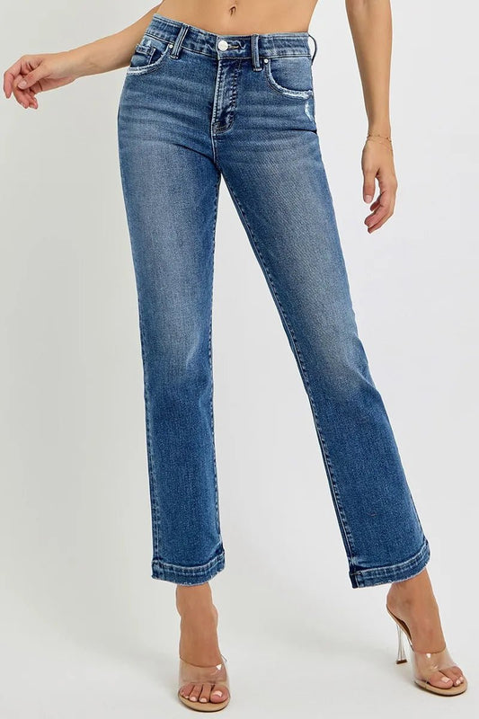 RISEN Full Size Tummy Control Elastic Band Mid Rise Straight Jeans - Jennie Dots