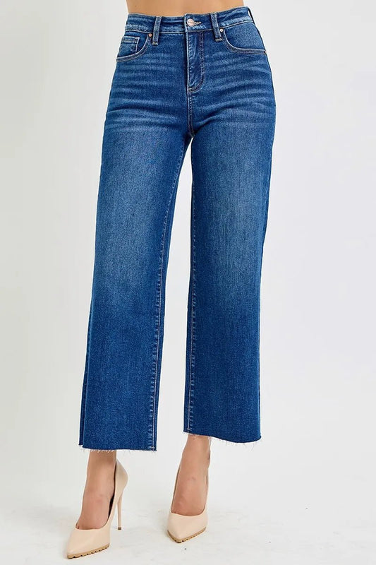 RISEN Full Size Tummy Control High Rise Wide Crop Jeans Plus Size - Jennie Dots