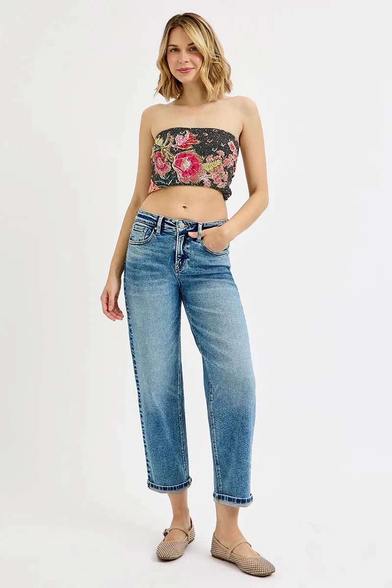 RISEN High Rise Crop Boyfriend Jeans - Jennie Dots