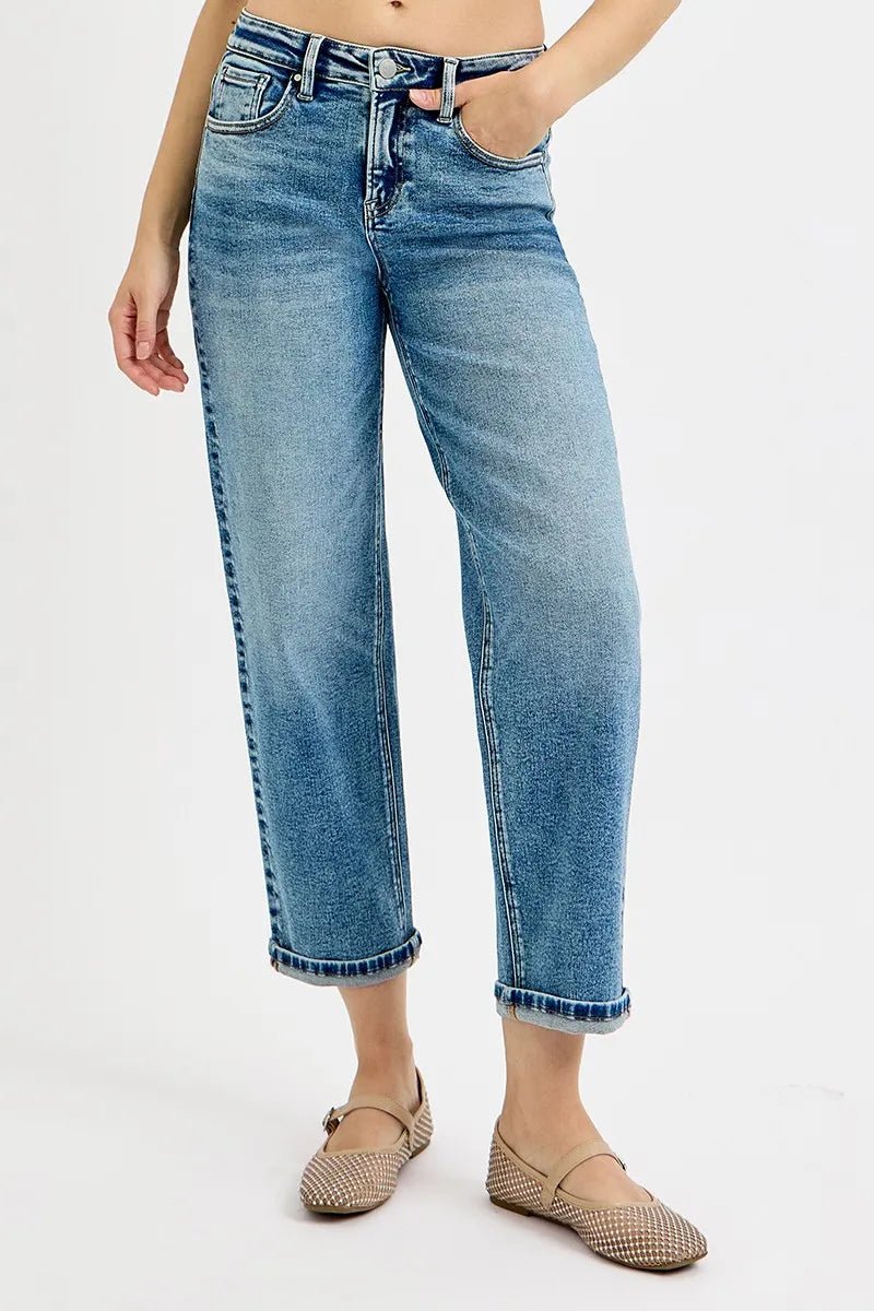 RISEN High Rise Crop Boyfriend Jeans - Jennie Dots