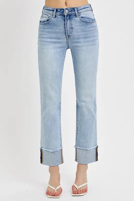 RISEN High Rise Straight Cuffed Relaxed Jeans - Jennie Dots