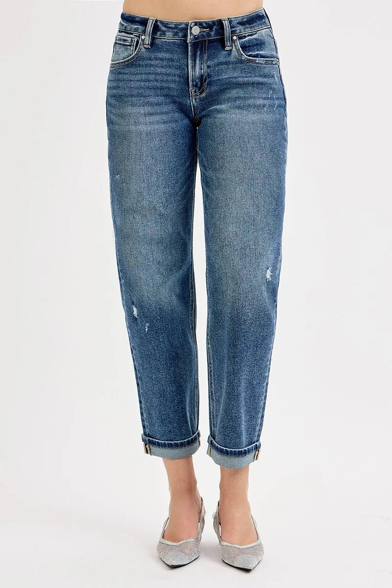 RISEN Low Rise Crop Boyfriend Jeans - Jennie Dots