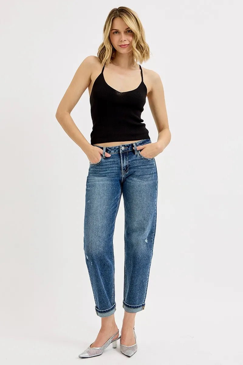 RISEN Low Rise Crop Boyfriend Jeans - Jennie Dots
