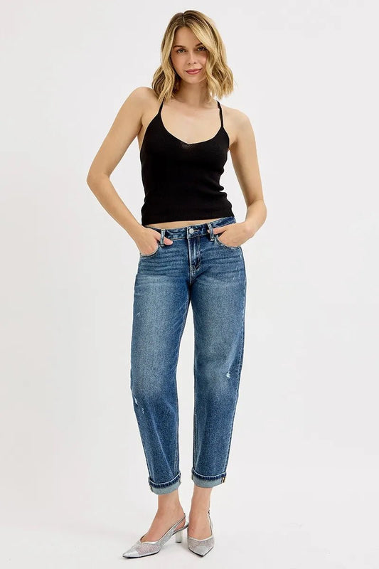 RISEN Low Rise Crop Boyfriend Jeans - Jennie Dots