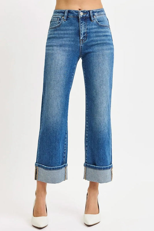 RISEN Mid Rise Crop Straight Cuffed Jeans - Jennie Dots