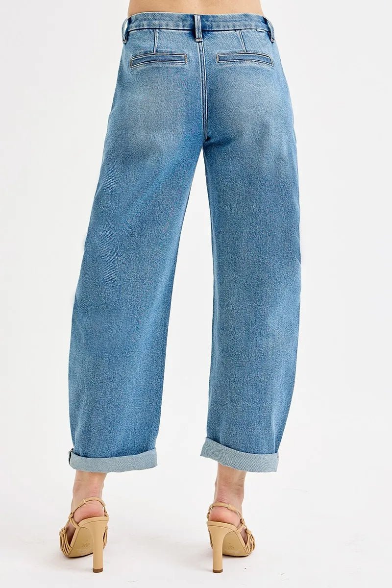 RISEN Mid Rise Fit Barrel Roll Up Jeans - Jennie Dots