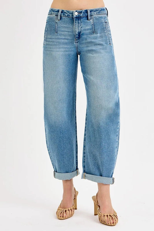 RISEN Mid Rise Fit Barrel Roll Up Jeans - Jennie Dots