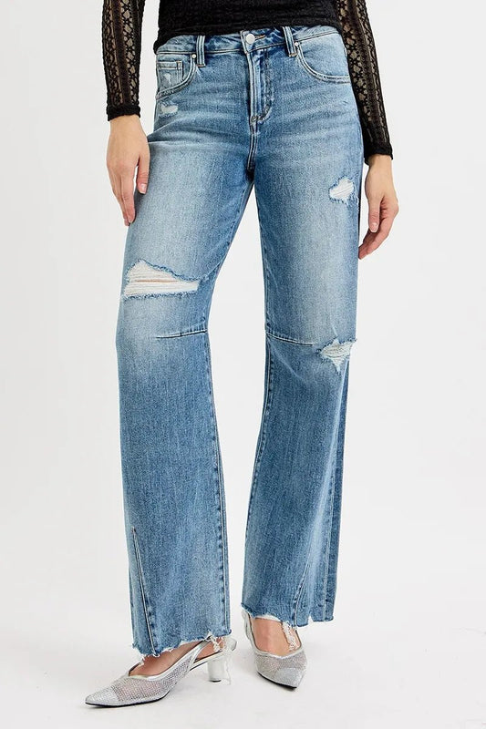 RISEN Mid Rise Fit Wide Baggy Leg Tie Washed Jeans - Jennie Dots