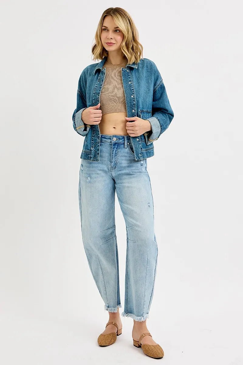 RISEN Oversized Cargo Pocket Denim Jacket with Cuffed Sleeves - Jennie Dots