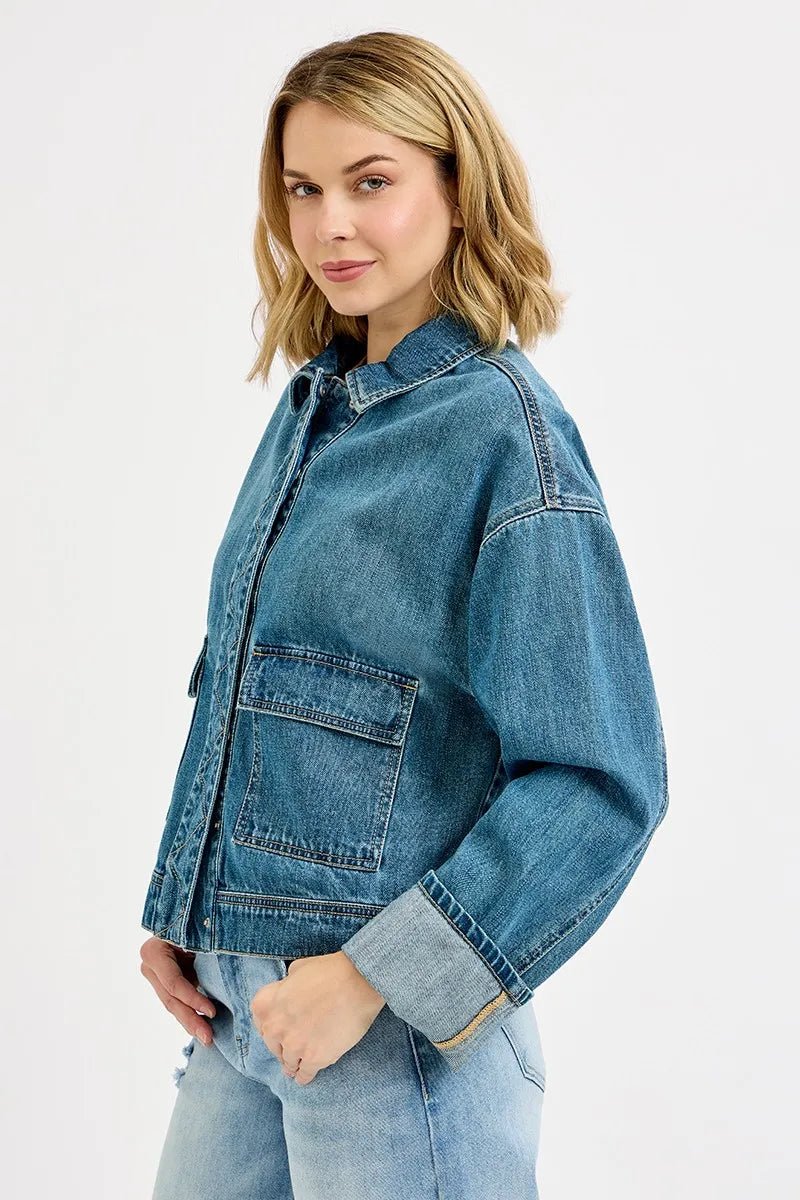 RISEN Oversized Cargo Pocket Denim Jacket with Cuffed Sleeves - Jennie Dots