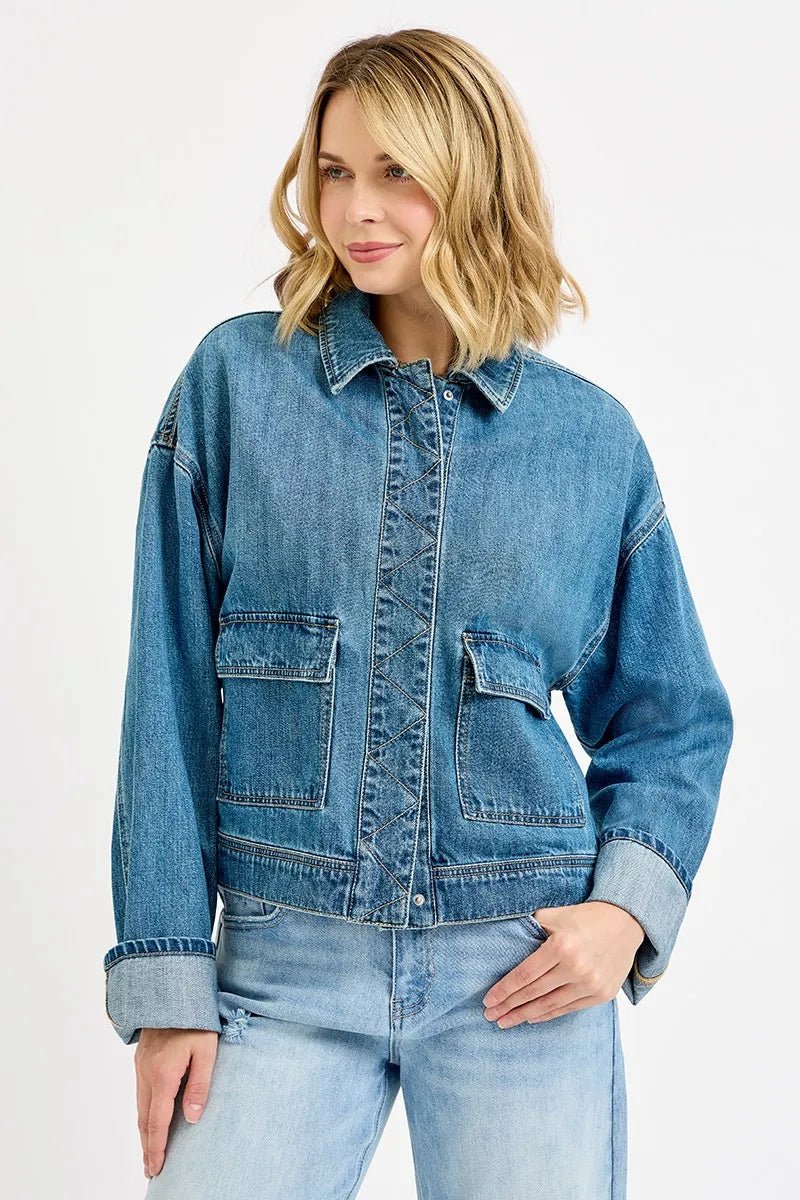 RISEN Oversized Cargo Pocket Denim Jacket with Cuffed Sleeves - Jennie Dots