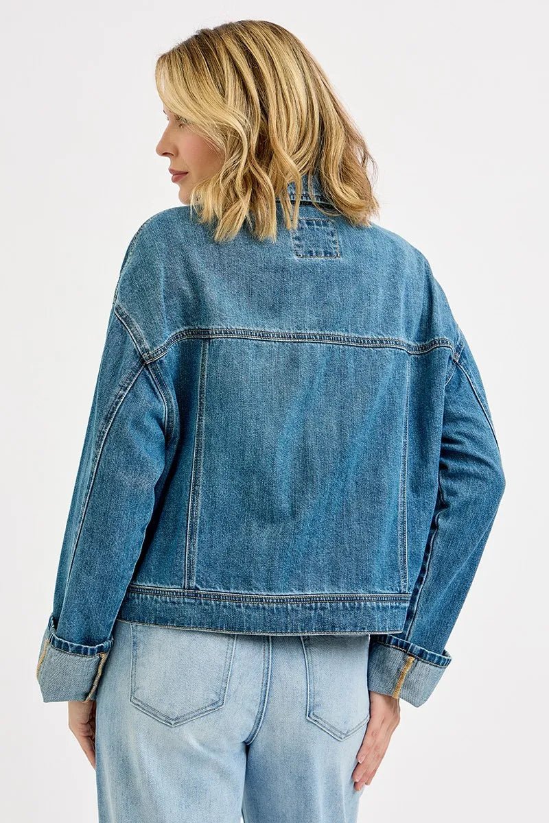 RISEN Oversized Cargo Pocket Denim Jacket with Cuffed Sleeves - Jennie Dots